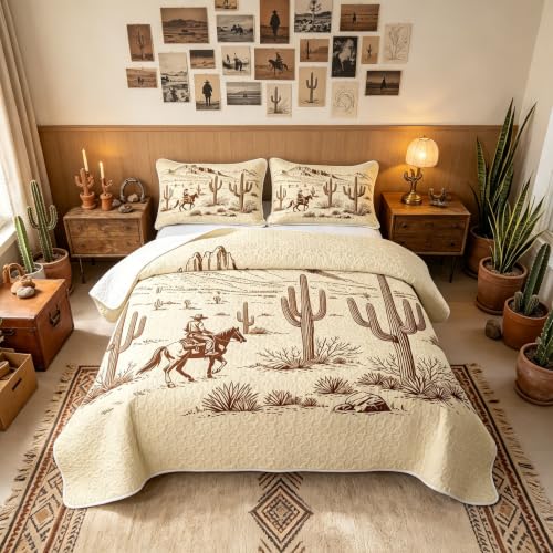 Full Size Manfei Western Cowboy Quilt Set with Pillow Shams - White Brown Vintage Bedspread