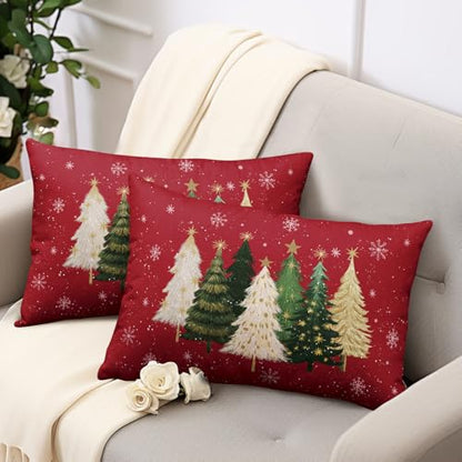 Christmas Tree Red & Snowflake Pillow Covers 12x20 Set of 2 Outdoor Holiday Decor Variation of Christmas Tree Red / 20" x 12" (Pack of 2)
