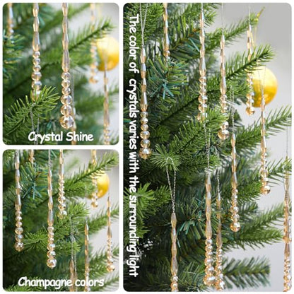 12PCS Crystal Icicle Christmas Tree Ornaments - Gold Glass Beads Hanging Decor