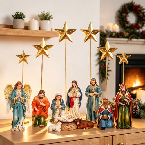 Colorful 14-Piece Nativity Scene Set with Metal Stars - Religious Christmas Decor