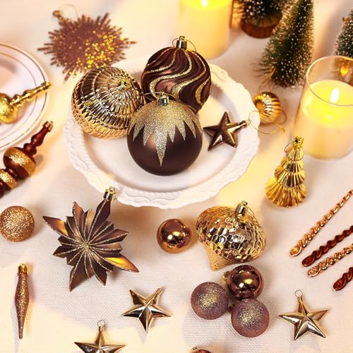 Christmas Tree Ornaments Set - Brown Copper Gold, 80 Pieces, Shatterproof Decorative Balls