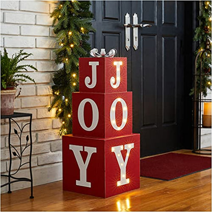 Red Lighted Wooden Joy Porch Sign with 3 Nesting Decorative Boxes for Christmas Home Decor