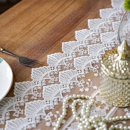 SUTAVIA White Embroidery Table Runner 13x98 Floral Lace Farmhouse Decor