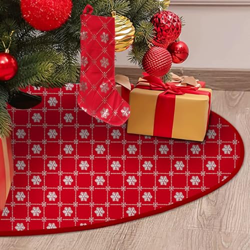 Christmas Tree Skirt 48 Inches Red with Gold Sequin Snowflakes - Holiday Decor