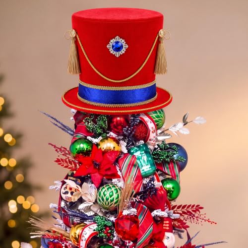 Christmas Nutcracker Tree Topper with Red & Blue Velvet Hat - Regal Holiday Decor