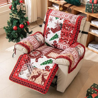 Christmas Sofa Cover for Recliner - Red Patchwork Slipcover with Elastic Straps