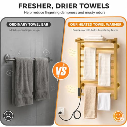 Smart Gold Heated Towel Rack with Shelf - 8 Bars, Bathroom Decor