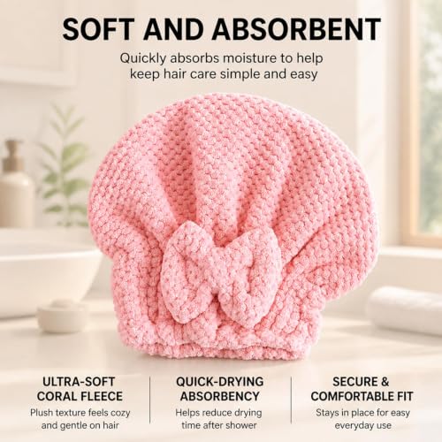 5-Piece Hair Towel Set with Hair Drying Caps, Fleece Towel & Shower Cap