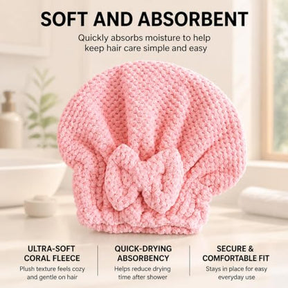5-Piece Hair Towel Set with Hair Drying Caps, Fleece Towel & Shower Cap