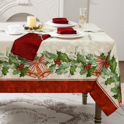 Christmas Jacquard Tablecloth 60x144 Inch - Holiday Holly Bell Design, Green Variation