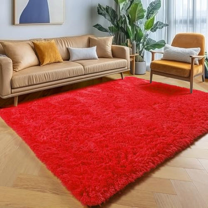 Red Fluffy Area Rug for Bedroom Living Room 4x6 Bedside Rug - Non-slip