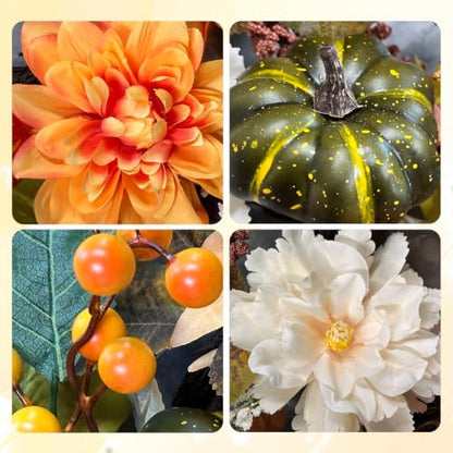 Fall Wreath for Front Door - 22 Inch Autumn Decor with Dahlia & Pumpkin - Flower Variation