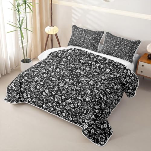 Black Floral Quilt Set 3 Pieces Queen Size All Season Bedding with Pillowcases