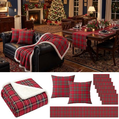 Christmas Scottish Tartan Plaid Decoration Set - Red, 10 Pieces