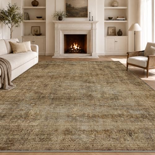 8x10 Brown Neutral Vintage Distressed Area Rug for Bedroom - Washable, Non Slip