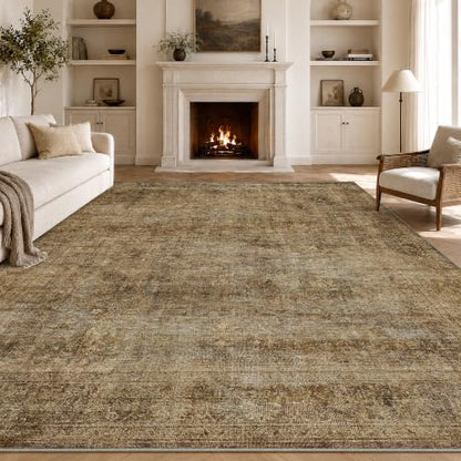 8x10 Brown Neutral Vintage Distressed Area Rug for Bedroom - Washable, Non Slip