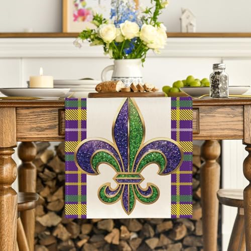 Iris Stripes Mardi Gras Carnival Table Runner - 13 x 90 Inch Seasonal Holiday Decor