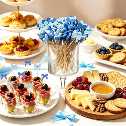 Blue Bow Bamboo Cocktail Picks 4.7 Inch - Party Food Skewers for Boy Baby Shower MD01