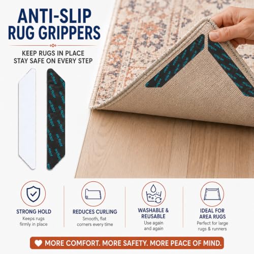 8 Pack Washable Rug Grip Tape - Reusable Double-Sided Carpet Non-Slip Tape for Hardwood & Tile Floors