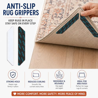 8 Pack Washable Rug Grip Tape - Reusable Double-Sided Carpet Non-Slip Tape for Hardwood & Tile Floors