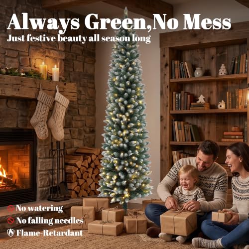6ft Prelit Christmas Tree with Dual-Color Lights, Flocked Green-White, Narrow