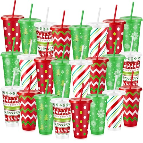 Christmas Plastic Cups with Lids and Straws, 24 oz, Red & Green, 24 Pack - Classic Variation