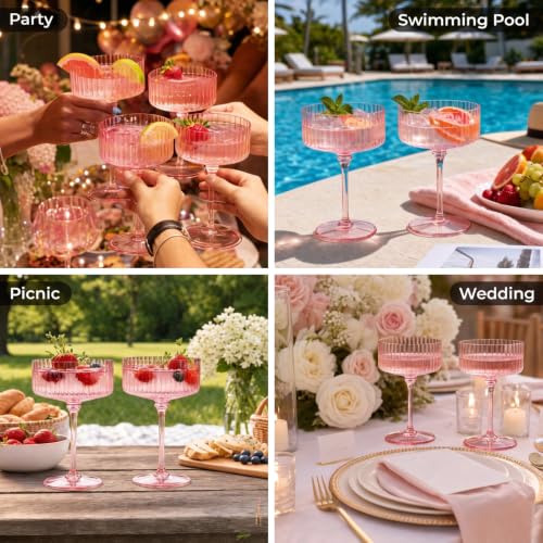 Pink Martini Glass Set 10 Oz Plastic Ribbed Coupe Glasses - Variation of Pink 24