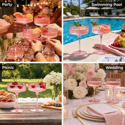 Pink Martini Glass Set 10 Oz Plastic Ribbed Coupe Glasses - Variation of Pink 24