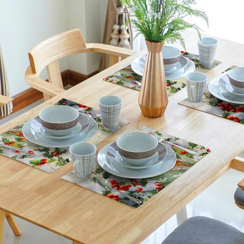 Winter Birds Berry Christmas Placemats Set of 4, 12x18 Inch Linen Holiday Decor