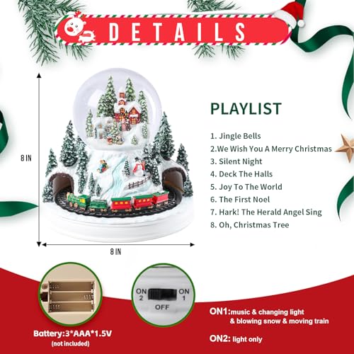 Christmas Snow Globe with Rotating Train and Color Changing Lights - Snow Scene Music Box - Christmas Village Scene - Gift for Kids and Adults