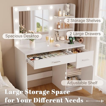YesHom y 35.4" Vanity Desk with Mirror & Lights, USB-C/USB-A Ports, 2 Drawers & 1 Cabinet, Clean White
