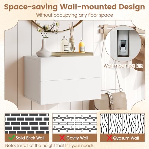 Floating Nightstand Set of 2 with Drawers, Wall Mounted - White, 16.5 x 12 x 11.5 in