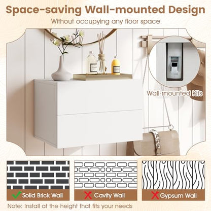 Floating Nightstand Set of 2 with Drawers, Wall Mounted - White, 16.5 x 12 x 11.5 in