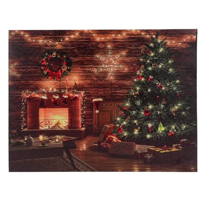 LED Christmas Canvas Wall Art - Snowy Scene with Fireplace & Pine Tree - Battery Operated Holiday Decor