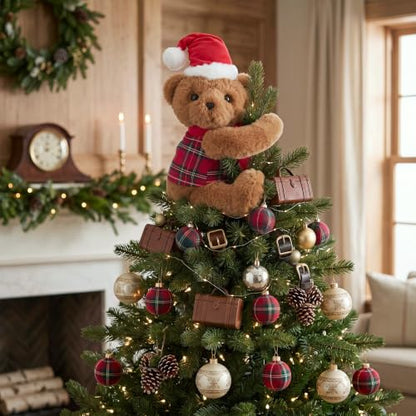 15.75 Inch Christmas Bear Tree Topper - Plush Tartan Plaid Holiday Decor