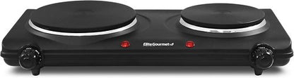 Elite Gourmet EDB-302BF Double Cast Iron Burner - 1500 Watts Electric Hot Plate with Temperature Control & Power Indicator Lights - Black