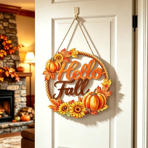 Fall Door Wreath Decor with Pumpkins Sunflowers & Hello Fall Sign
