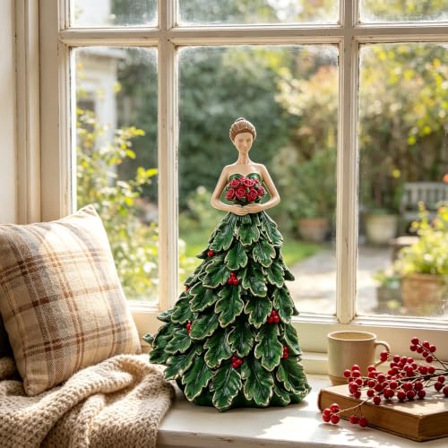 DiliComing Fairy Statue Home Decor - 12 Inch Christmas Holly Girl Gift - Green