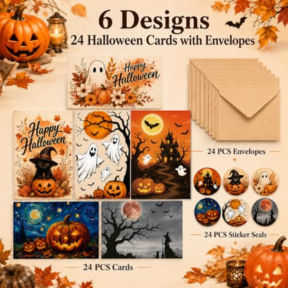 Halloween Greeting Cards Set with Envelopes and Stickers - 24 Pack 4x6in