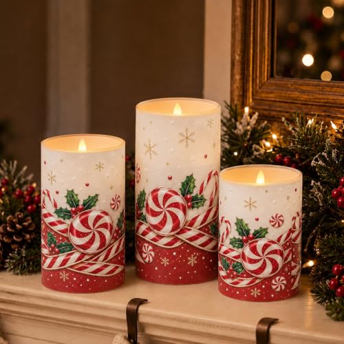 Christmas Candy Cane Flameless Candle Set with Remote - 3 Color Changing LED Pillar Candles
