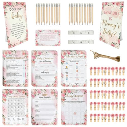 Baby Shower Games Set - 8-In-1 Floral Theme Party Activity Kit