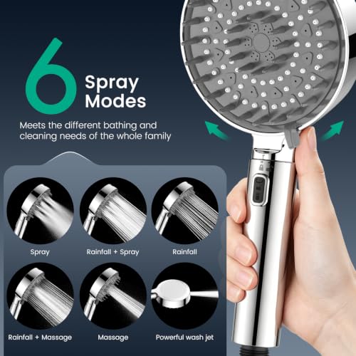 Chrome Handheld Shower Head with 6 Modes & Extendable Handle - High Pressure