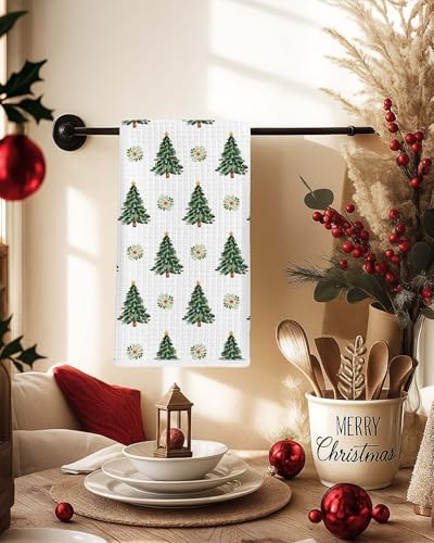 Christmas Tree Kitchen Towels - Farmhouse Holiday Wreath & Pine Design - 16x24 Inch - Variation of THIS listing