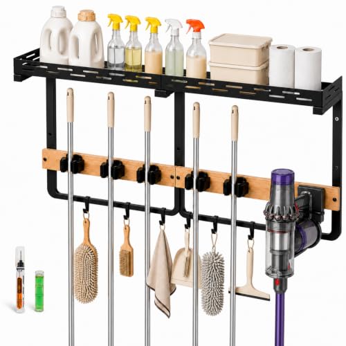 Wall Mount Broom and Mop Organizer with Shelf and Hooks for Laundry and Garage