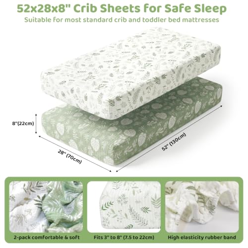 2-Pack Baby Muslin Crib Sheets - Green Leaf, 52 x 28 Inches, Elastic Fit