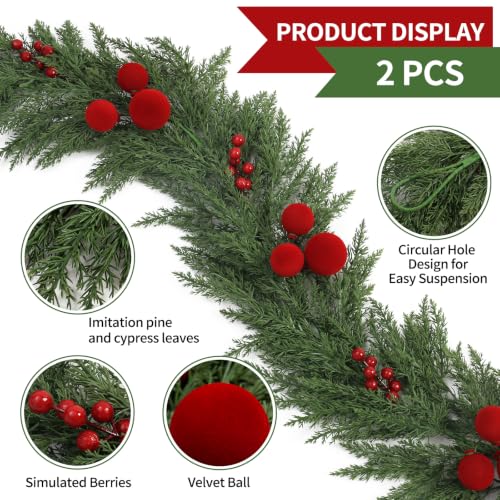 6FT 2PCS Christmas Garland Set - Real Touch Flocked Pine & Berries for Indoor Holiday Decor