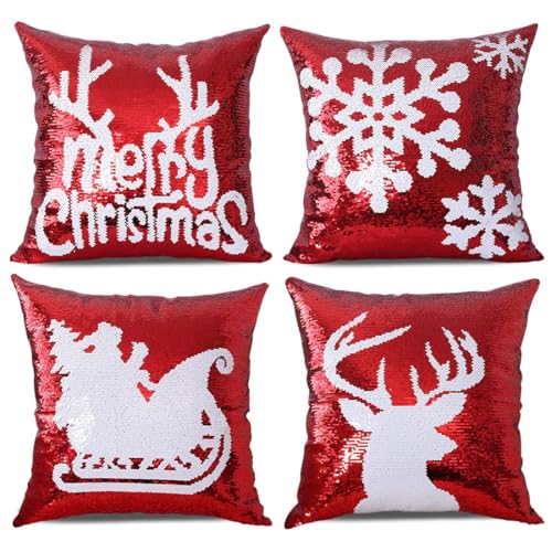 Bling Christmas Sequin Pillow Covers 18x18 Inches Set of 4 - Reversible Holiday Cushion Cases - Red Snowflake Design