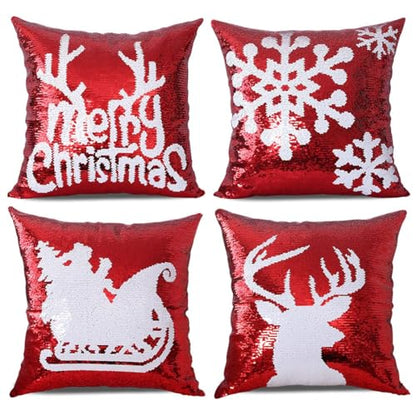 Bling Christmas Sequin Pillow Covers 18x18 Inches Set of 4 - Reversible Holiday Cushion Cases - Red Snowflake Design