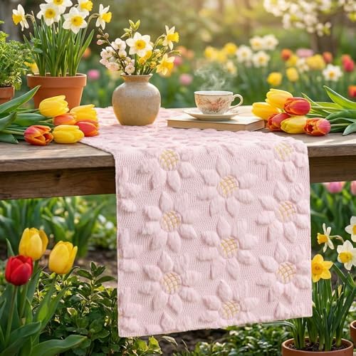 Pink Faux Fur Sunflower Table Runner - 13 x 108 Inch Spring Home Decor
