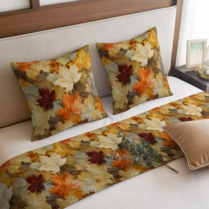 Fall Maple Leaf Bed Runner Set Ochre Burgundy 102x20 Inches with Pillowcases